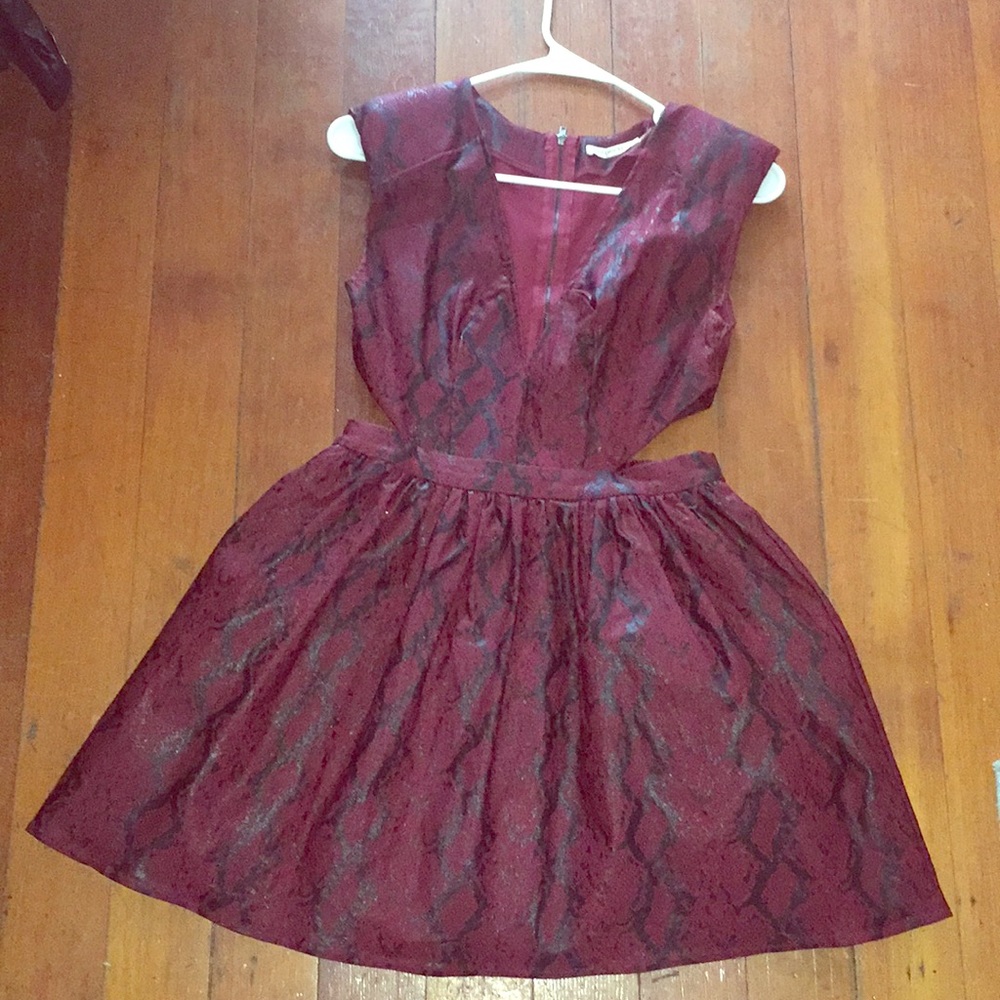 Plunge cut out snake print burgundy mini dress